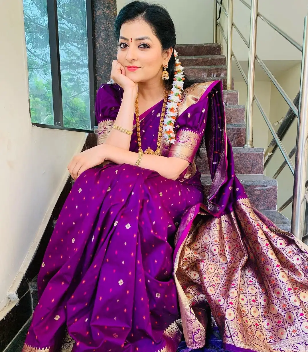 ETV Abhiruchi Madhuri Kandavalli In Violet Saree Blouse